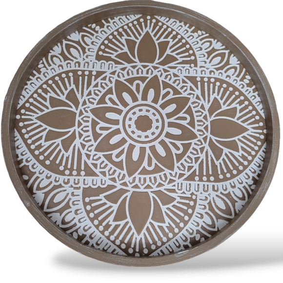 Hanobe Round Wood Decorative Coffee Table Tray Rustic Boho Washed Centerpiece - Picture 7 of 10